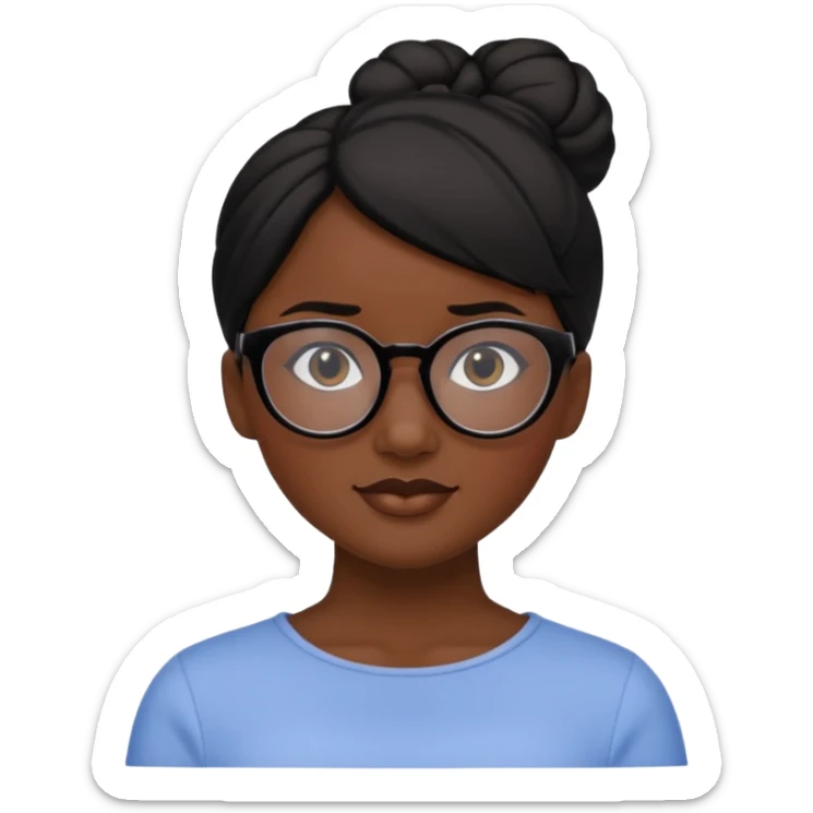A woman with dark skin, black hair in a neat bun, black glasses, and an oval face with soft features. sticker