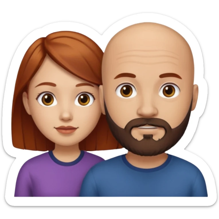 Couple. A bald man with dark brown beard and a girl with light skin. She is a redhead and has dark yellow brown auburn hair. Different skincolor. She has very light skin. sticker