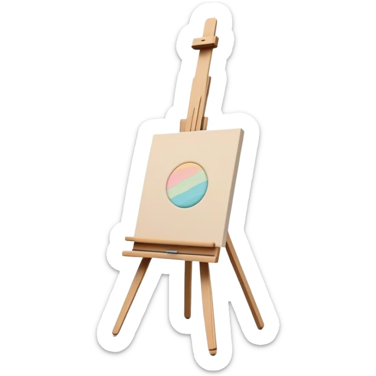 "Minimalist emoji of a small wooden easel holding a delicate canvas with soft abstract pastel strokes, thin black frame, clean art studio feel." sticker