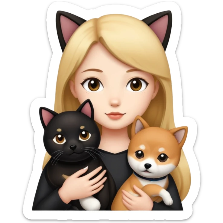 The girl is holding a black cat and a Shiba Inu sticker