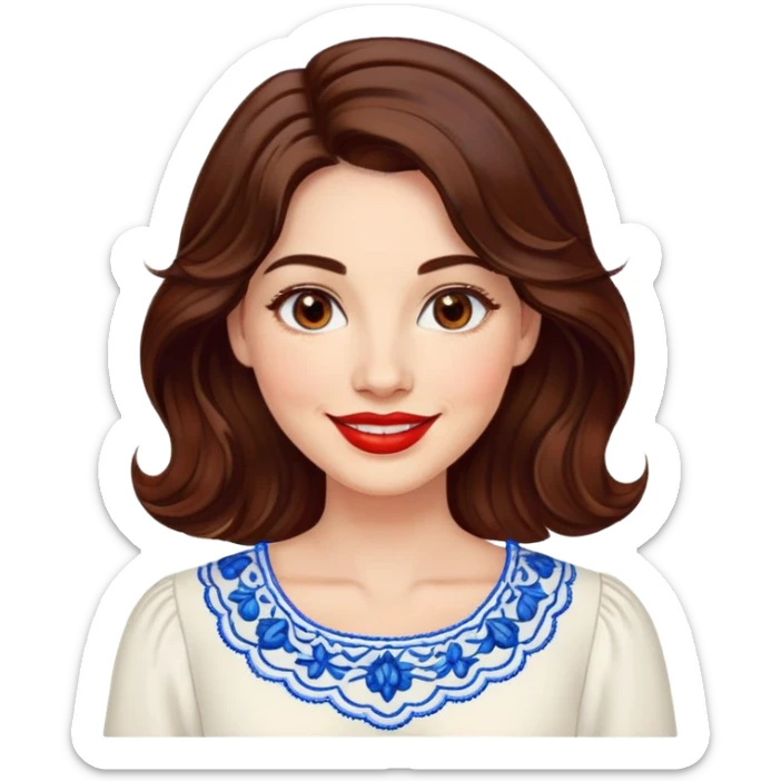 Friendly woman in her late 30s with luminous fair skin, round face, wide smile, large light brown eyes, vibrant red lips, shoulder-length dark brown wavy hair, wearing white blouse with blue embroidery and electric blue neckline sticker