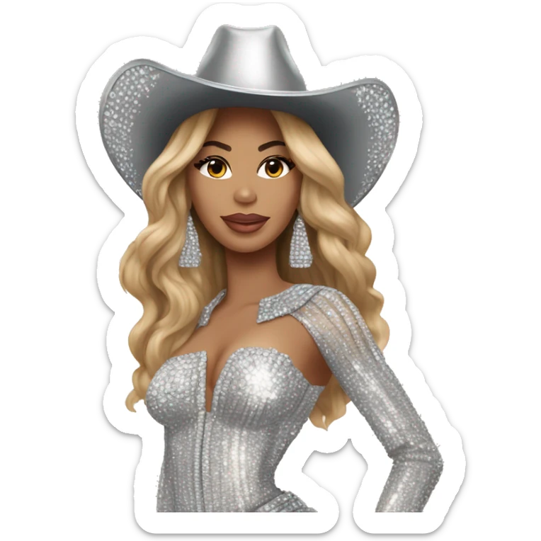 beyoncé in a silver crystal outfit wearing a silver crystal cowboy hat sticker