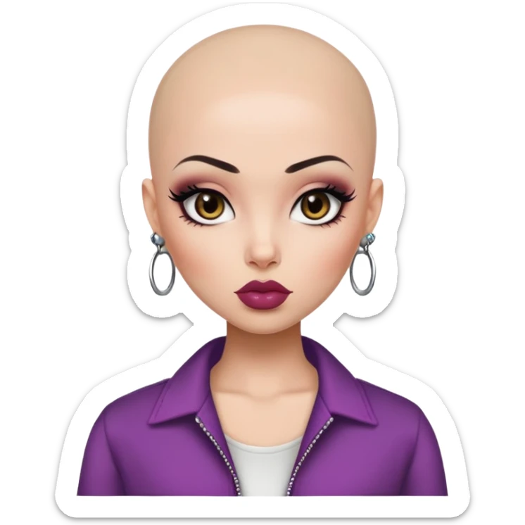 bald, pretty lips, clothes, pale tattoed skin,  dark brown eyes, pretty bratz baddie, black eyeliner sticker