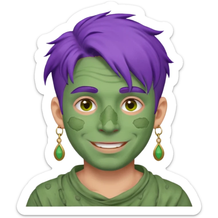 purple haired man with full full face dirty messy green clay mask and earrings happy  sticker