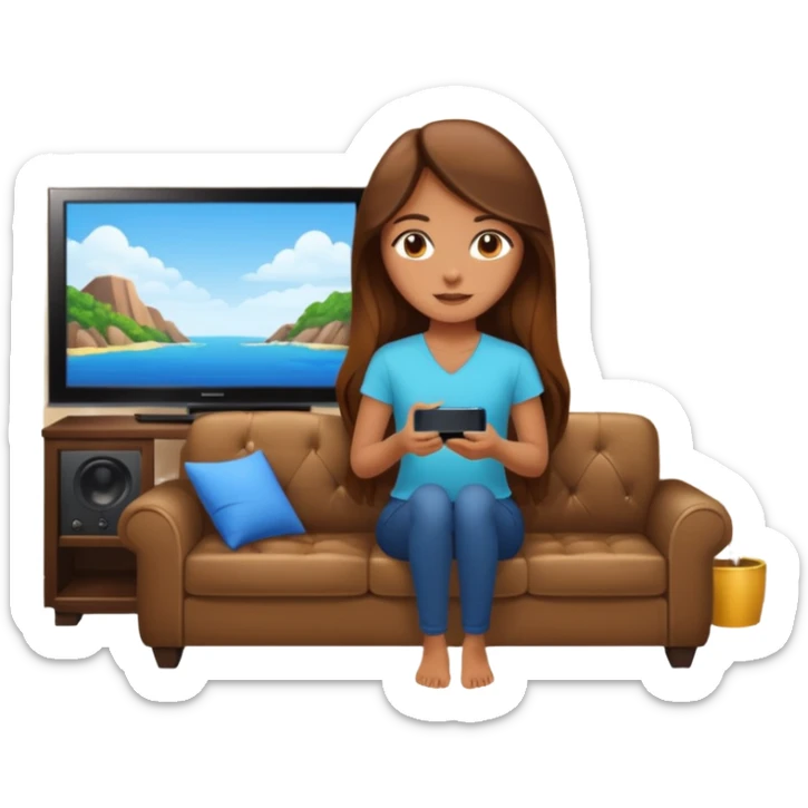 beautiful girl with long brown hair constructing new lounge room area with tv and couch sticker