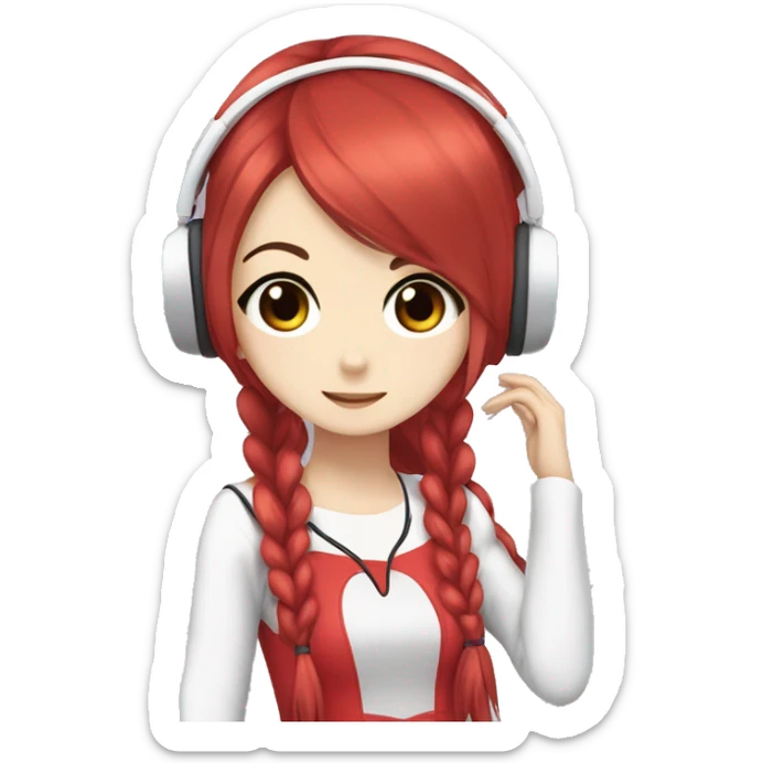 Yumi Sarah with long  Ponytail hair, with white-star red headphones and with anime dress sticker