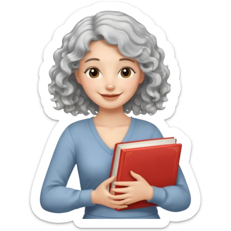 Silver hair, wavy/curly hair chin-length lady giving hug with 2 arms,  v-neck and smiling, add a favorite book sticker
