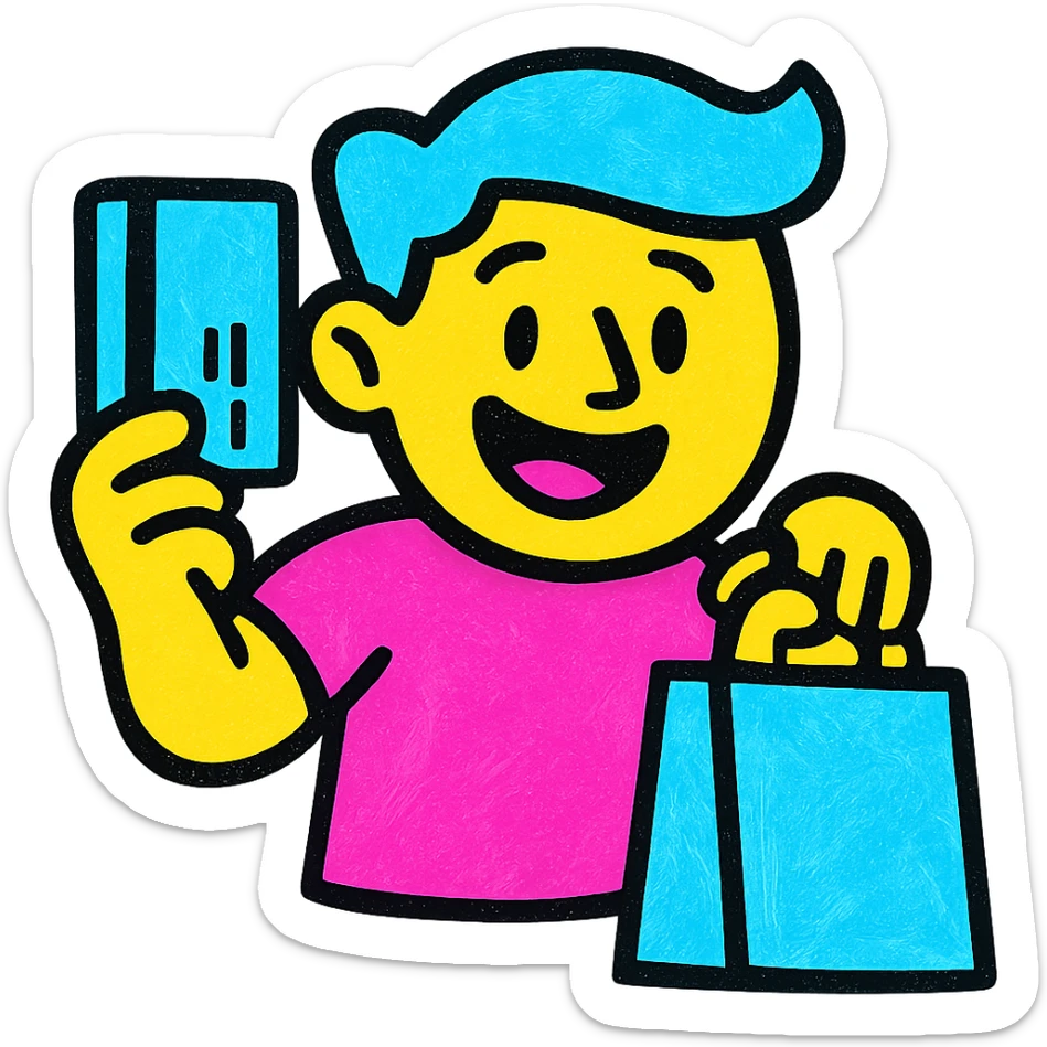 a cheerful guy with a credit card and a shopping bag, vibrant colors sticker