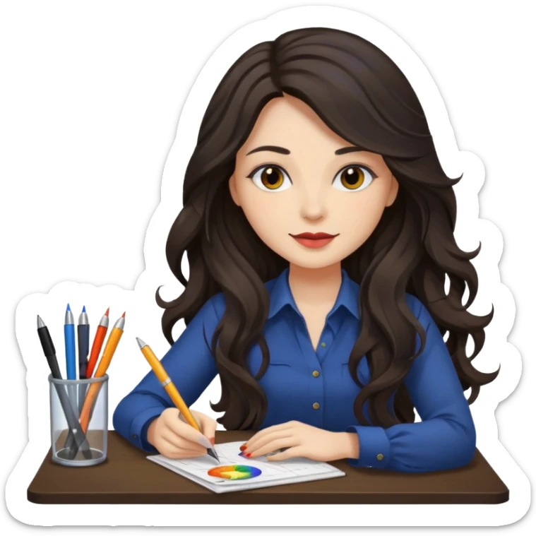 female dark wavy long hair graphic designer , color wheel, pens, papers , desktop sticker
