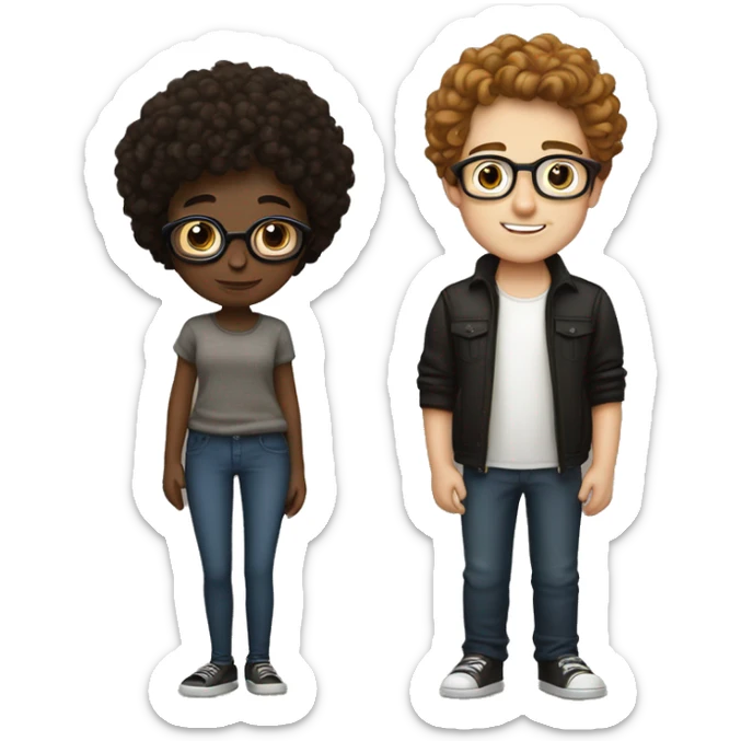 Couple of boyfriends, girl with brown hair with black glasses white skin, boy with curly brown hair white skin sticker