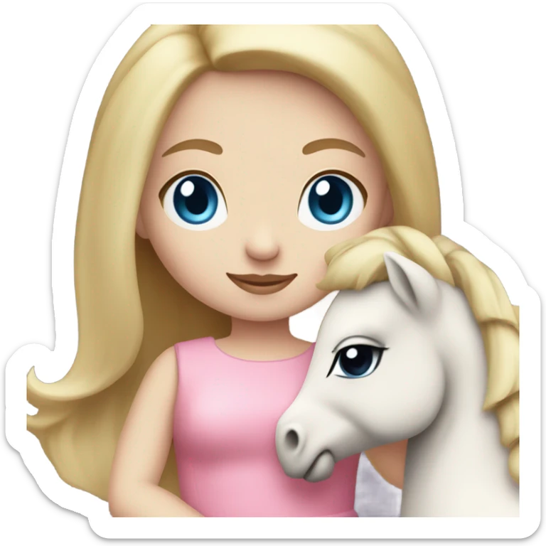 Blonde, pale skin, blue eyes girl wearing a pink dress cuddling her pony stuffed animal. sticker