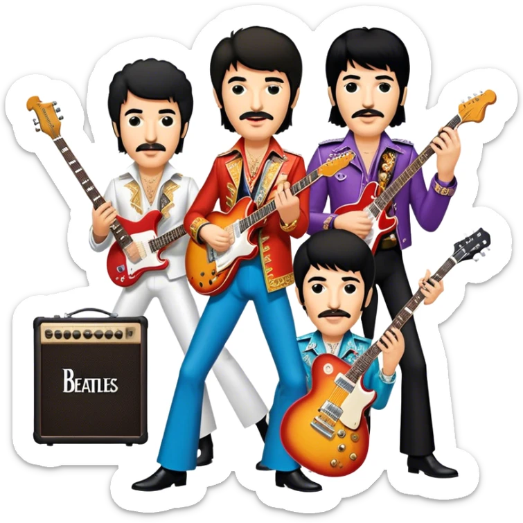 Rock music icon: dynamic collage of global rock legends like The Beatles, Jimi Hendrix, Elvis Presley, Freddy Mercury and Curt Cobane, surrounded by guitars, amplifiers, and stage lights. Symbolizing the energy and power of rock music. Transparent background. sticker