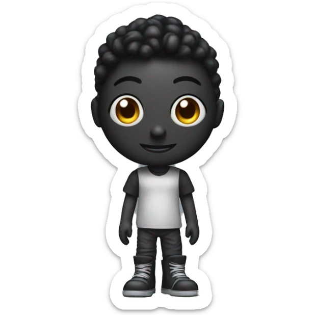 Create an image of an animated black character resembling a collectible vinyl toy. The character is humanoid with a robotic texture and oversized, glossy eyes that give it an expressive, sticker