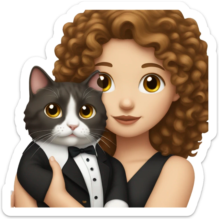 A white girl with brown curly hair holding her tuxedo cat sticker