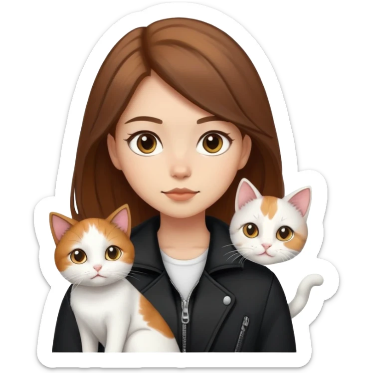 Light-skinned girl with brown hair wearing black jacket with white cat and calico cat sticker