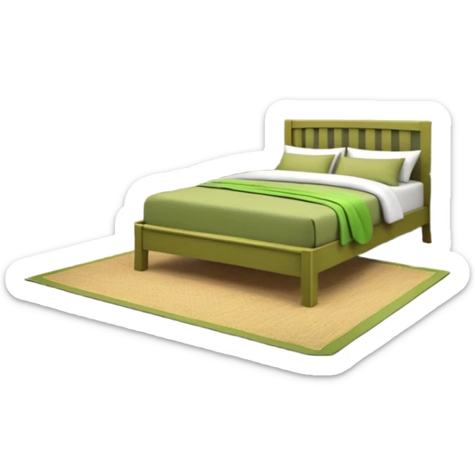 Olive green walls, wooden bed with green bedding, various plants, wooden closet sticker