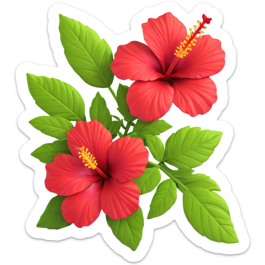 Detailed red hibiscus flower with green leaves and distinctive long stamen sticker