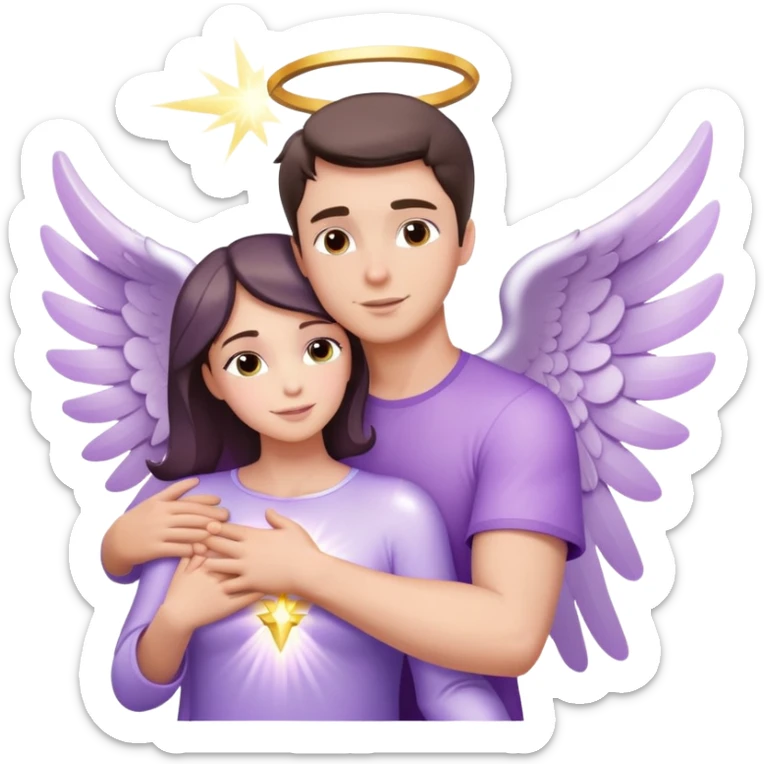 White brunette man human rays of light hugging a pastel purple angel woman sticker