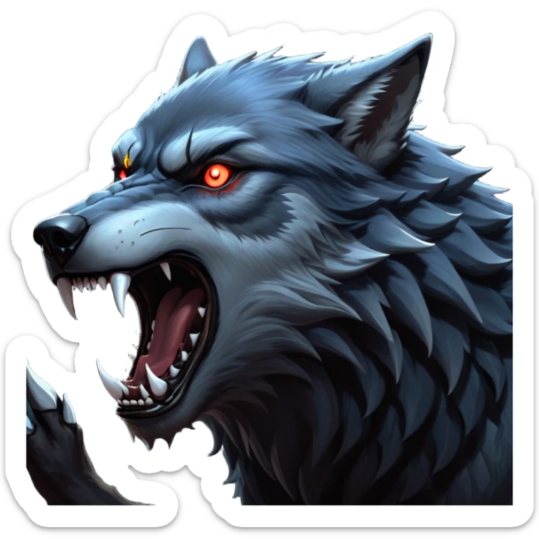 cinematic-noble-fierce-werewolf-howling-portrait-emoji, poised-and-imposing, with a fierce wolfish face tilted upwards in a haunting howl, glowing eyes full of primal ferocity, sharp, elongated fangs bared, and a rugged snout, fur rippling in shades of midnight black and silver, muscles tensed as the powerful howl echoes beneath the moonlit sky; rendered with realism, capturing the raw, untamed power of the beast in its wild, primal state sticker