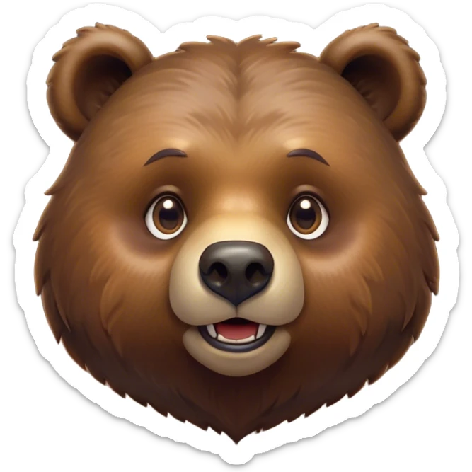 Cinematic Cute Grizzly Bear Portrait Emoji, Head tilted playfully and inquisitively, featuring a dense, rugged deep brown fur with a gentle, curious expression in round, sparkling eyes, Simplified yet irresistibly adorable features, highly detailed, glowing with a warm, friendly glow, high shine, affectionate and surprisingly gentle, stylized with a touch of wild whimsy, bright and endearing, soft glowing outline, capturing the essence of a mischievous yet loving bear, so playful it feels like it could amble out of the screen and into your arms! sticker