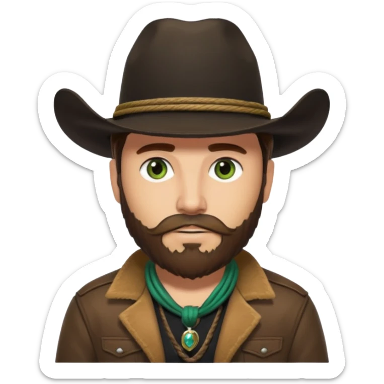yellowstone ranch cowboy with brown beard, black cowboy hat with black rope and no jewel, black t-shirt, leather tan jacket, and green eyes sticker