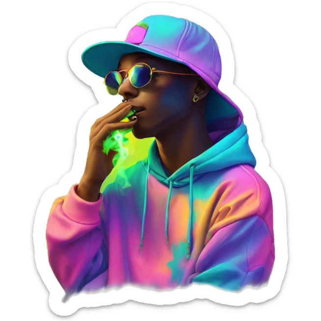 Multicoloured neon person smoking wearing hoodie dancing hip hop bucket hat tropical Skater fashion aesthetic baggy clothes graphic t shirt 420 sticker