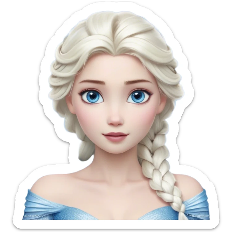 Cinematic Realistic Elsa Portrait, depicted with lifelike skin texture, soft natural lighting, and intricately detailed platinum blonde hair styled elegantly. Her striking, expressive blue eyes exude confidence and grace, complemented by a serene and regal expression. She is dressed in her signature icy attire, with shimmering fabric textures and delicate folds that catch the light beautifully. The portrait features a soft, enchanting glow with a cool, radiant finish, capturing the essence of timeless elegance in a realistic and painterly style, evoking a sense of depth and authenticity. sticker