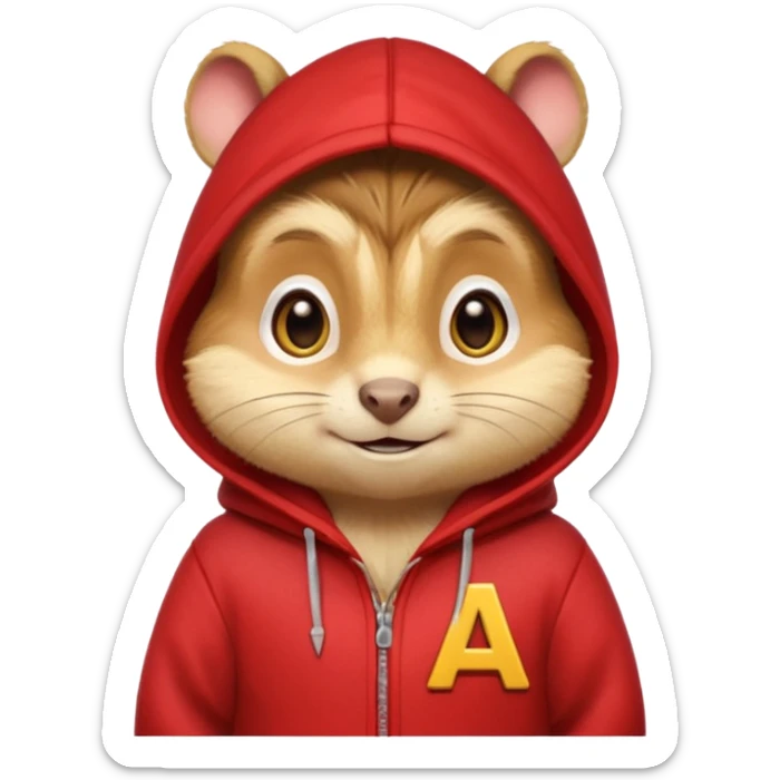 Portrait of a cartoon chipmunk with light brown and beige fur, wearing a red hoodie with a yellow 'A' on it, big round eyes, small nose, and a mischievous grin, front-facing, stylized in animated movie style sticker