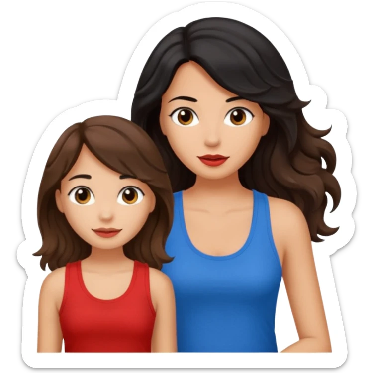 generate a pretty tan bratz girl with brown wavy hair long wearing a red tank top talking to a girl with black hair sticker