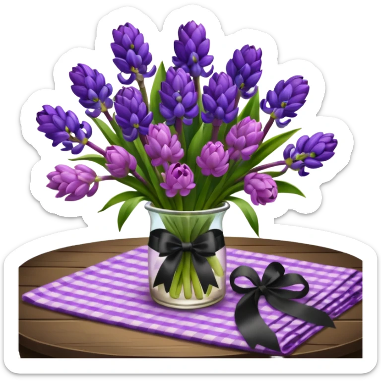 A lush bouquet of bright prple color Hyacinths black satin ribbon, resting on an antique wooden table, with a pale yellow and pink plaid pattern table cloth sticker