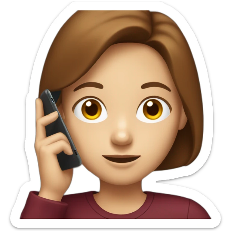 Young woman with brown bob hair with a phone in her hand in a burgundy T-shirt sticker