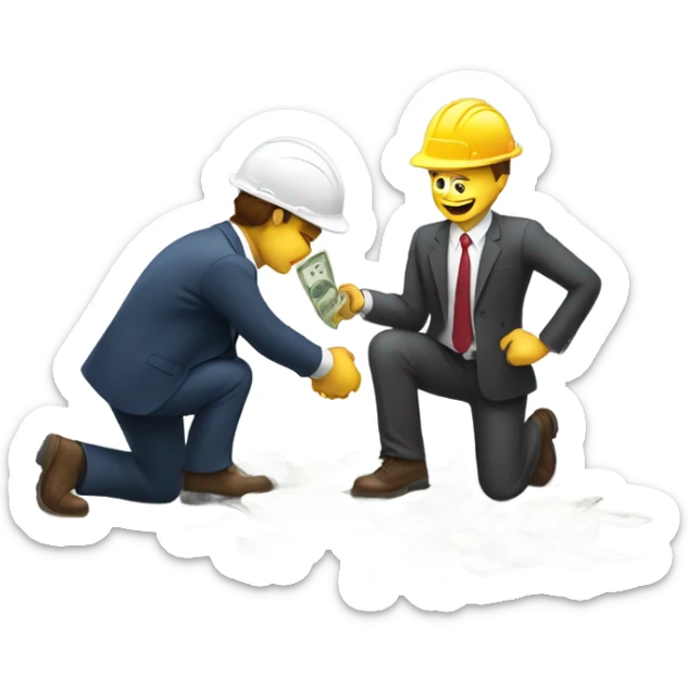 A guy in a suit receiving money from a guy on the ground, but the guy on the ground is a construction worker, the guy with the suit does not have a hat sticker