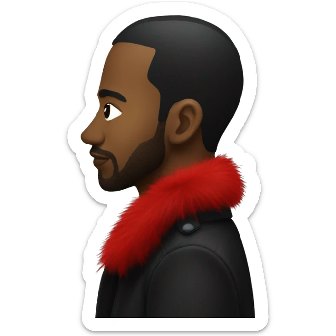 side profile of a hip hop artist wearing a black coat with a red furry collar sticker