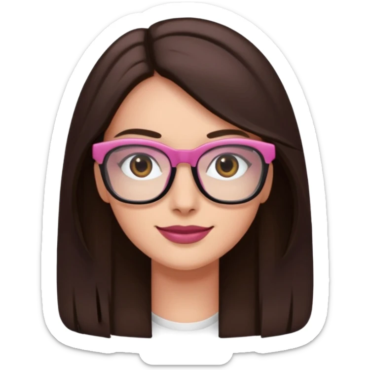 une ado, brune aux cheuveux tres fonces longs lisses blanche, ,lunettes carres/ rectanglesnoires, yeux bruns joues rose, haut noir sticker