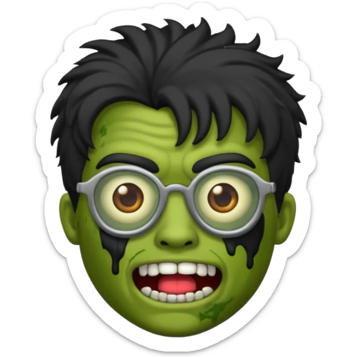 Crie um zumbi estilo emoji do iPhone com cabelo ondulado masculino com camiseta preta e óculos de grau preto sticker