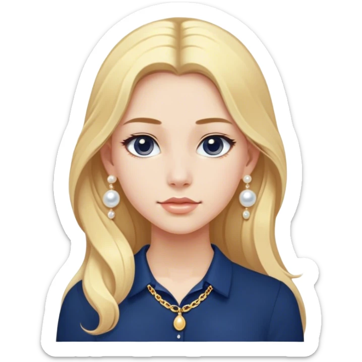 White girl with long blonde hair with a form fitting navy blue shirt with a dainty gold chain and pearl earrings. Make the earrings studs. sticker