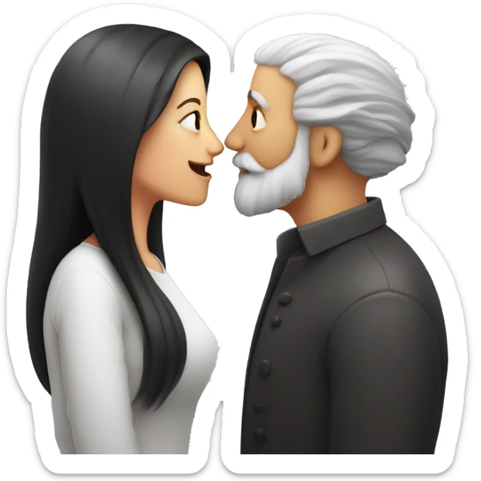 Red hearts are flying and Bald and gray beard man kisses from lips of  long black hair white woman sticker