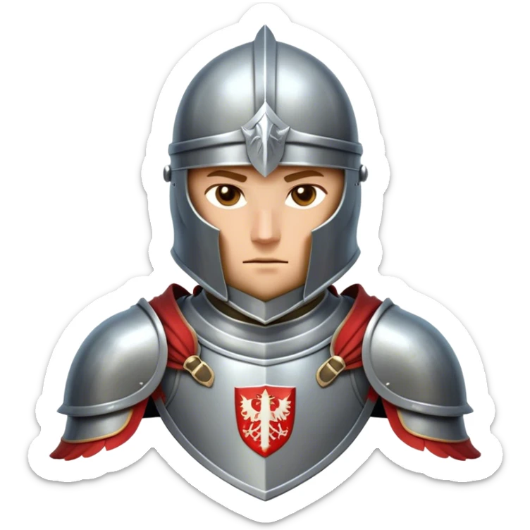 Clash of Clans aesthetic friendly Knight Portrait Emoji, With a noble, armored build featuring a gleaming suit adorned with simple heraldry and a determined gaze behind a visored helm, his face rendered in a natural skin tone (not yellow), Simplified yet dynamic features, highly detailed, glowing with a cool, steely radiance, high shine, courageous and resolute, stylized with an air of chivalric valor, focused and stalwart, soft glowing outline, capturing the essence of a valiant knight ready to charge into epic quests with honor! sticker