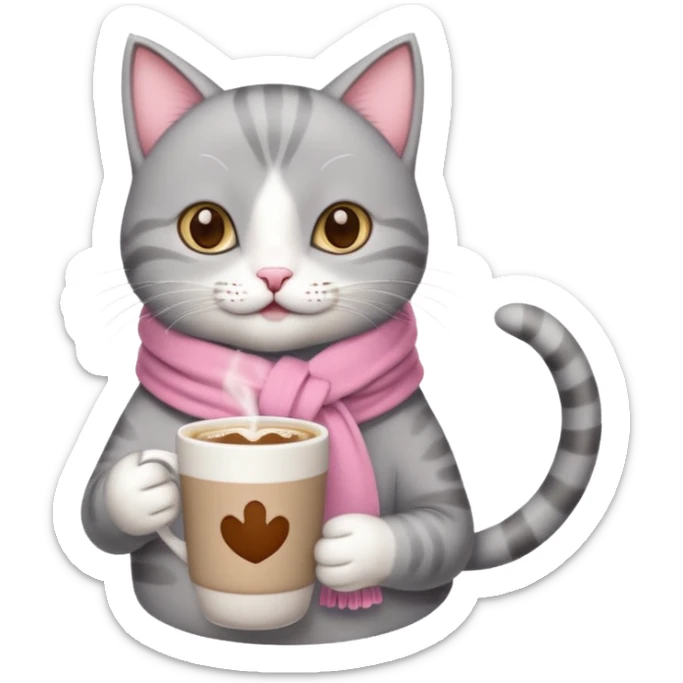 Happy gray Cat with pink scarf holding in its front two paws a hot latte in a white mug sticker