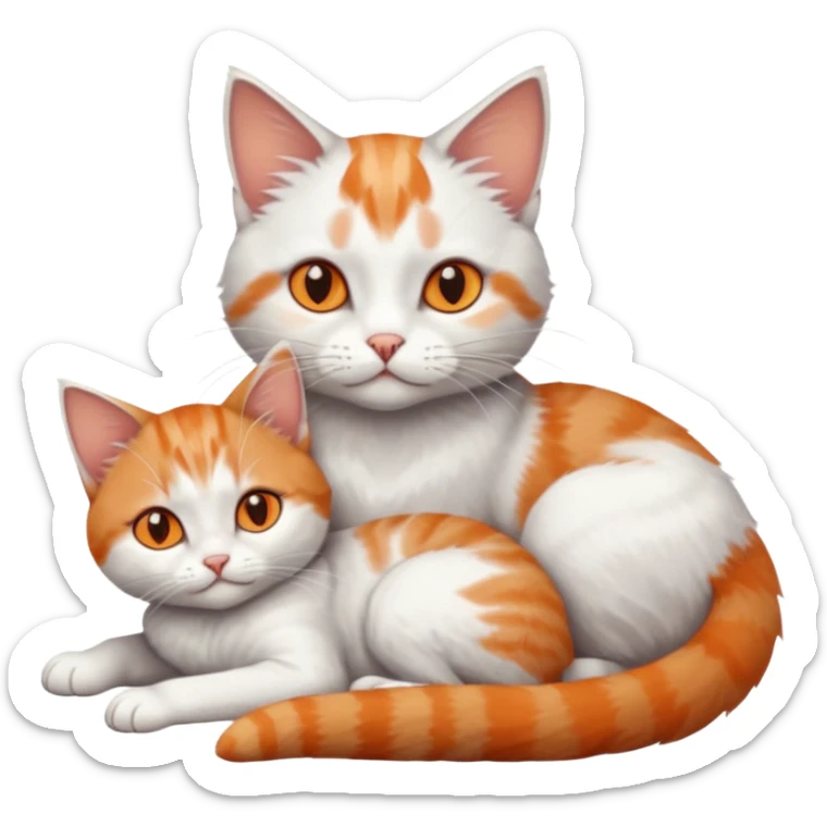 full body of a grey and white cat cuddling a very small + skinny ginger and white kitten with deep orange eyes and triangular shaped face lying down sticker