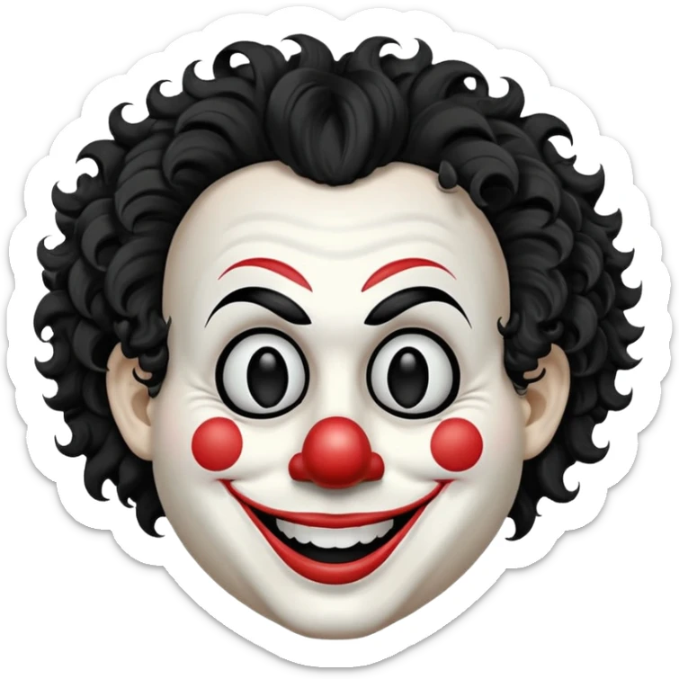 generate white clown mask emoji with a big curly black hair 

wide black coloured smile, no red nose but instead long and pointy white nose with no nostrils, pitch black eyes with no pupils, no brows sticker