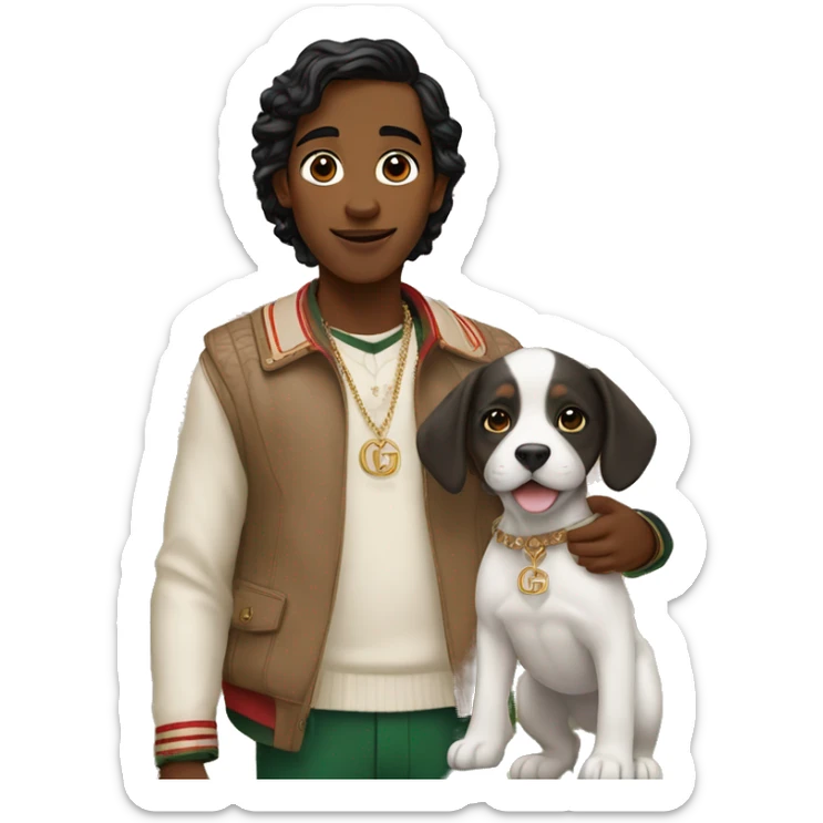 A cute but with an Indian skin color wearing Gucci and standing infront of a modern Indian mansion. The boy is holding a cute puppy sticker