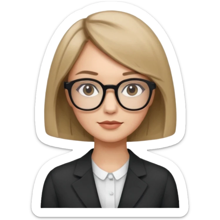 woman dark blonde petite bob haircut wears dark squarish glasses, classic clothes sticker