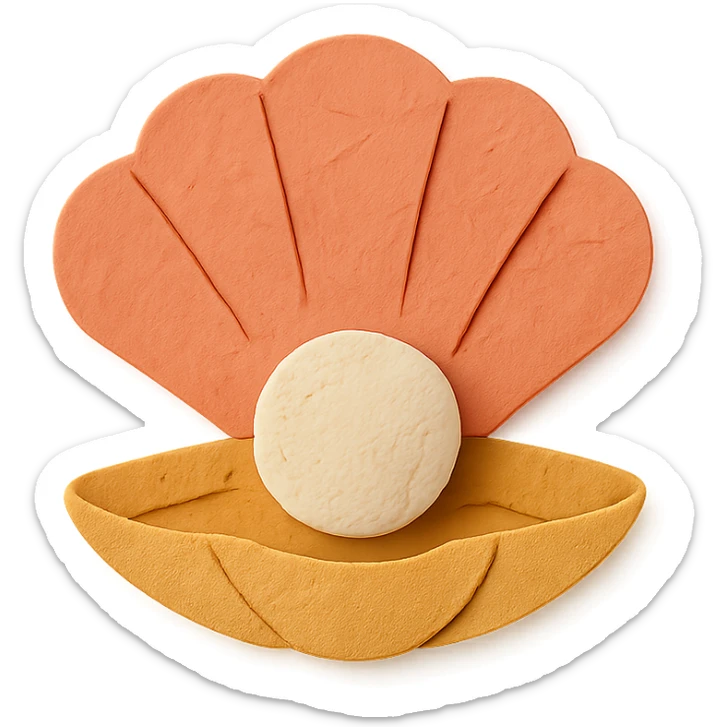 close-up of a clam holding a pearl, textured paper details, paper-craft style sticker