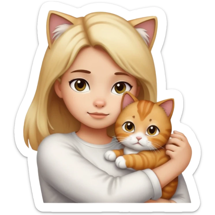 Girl with black gradient to blonde hair  petting her white Garfield cat and brown Garfield cat sticker