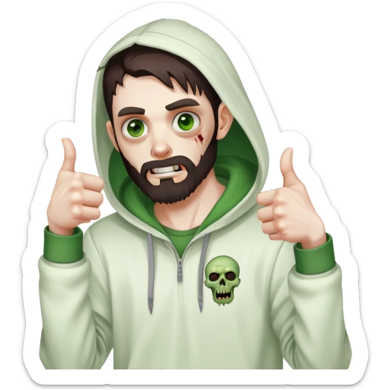 zombie with thumbs up gesture, undercut hairstyle with dark brown hair, short full beard, heterochromia with one green eye and one brown eye, wearing plain white hoodie sticker