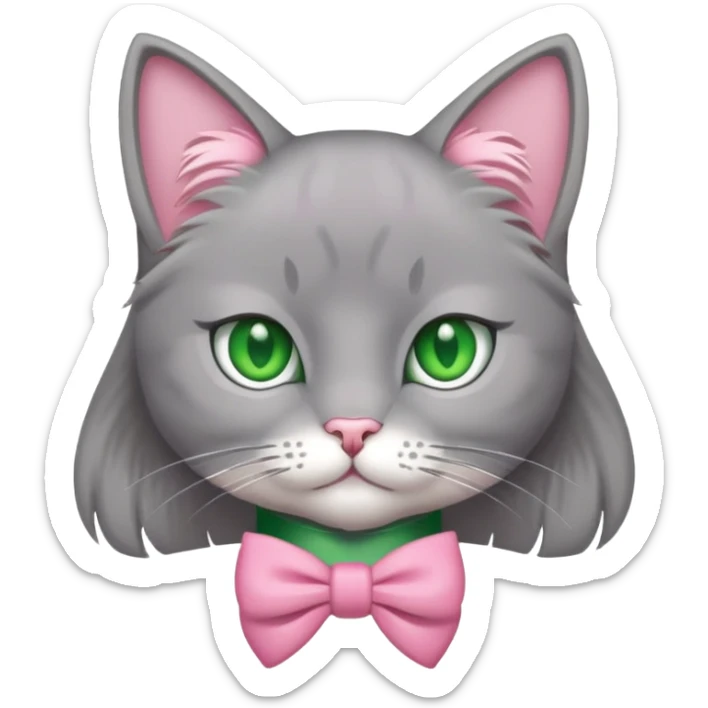 Gatto grigio con tanto pelo , gli occhi verdi e un fiocchetto rosa come collare  sticker