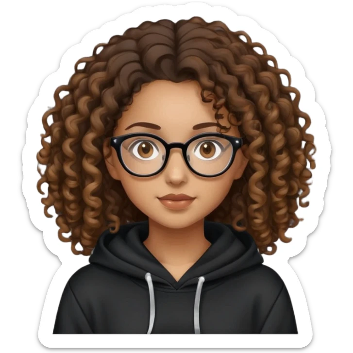 Mixed girl /curly long hair brown / with brown eyes glasses black hoodie  sticker
