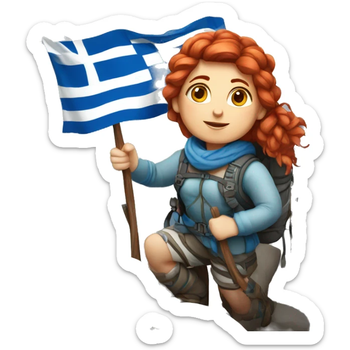 Greek Female winter mountaineer red hair white skin climbing with Greek Flag and Easter eggs basket sticker