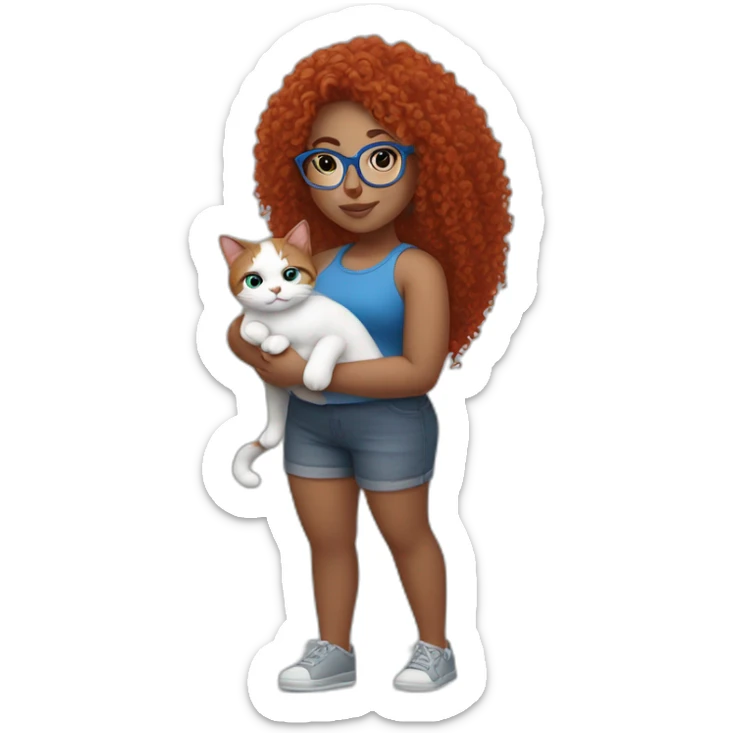 a curvy girl with red curly hair and blue glasses with a white and gray cat in her arms sticker